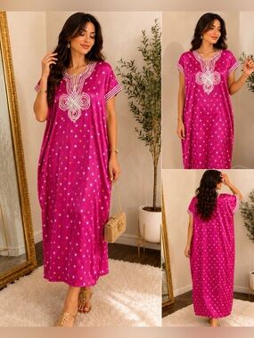 Moroccan Kaftan Caftan Aqua Blue Gold Embroidered Maxi Dress One Size.